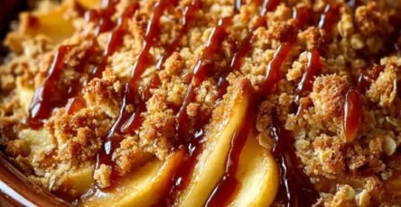 Caramel Apple Crisp with tender cinnamon apples and golden oat crumble topping