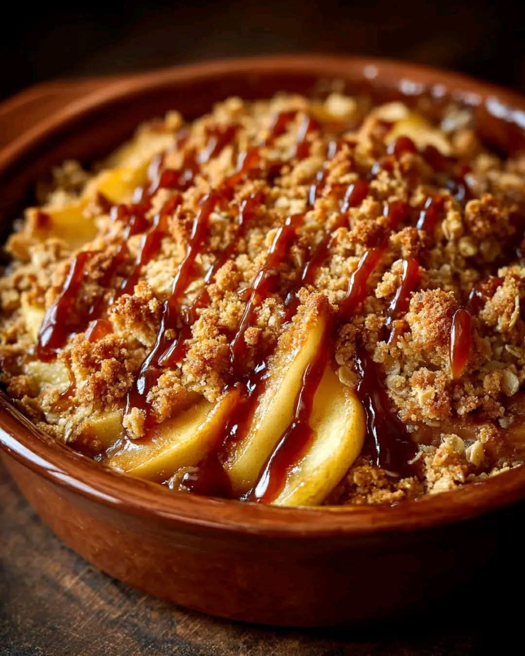 Caramel Apple Crisp with tender cinnamon apples and golden oat crumble topping