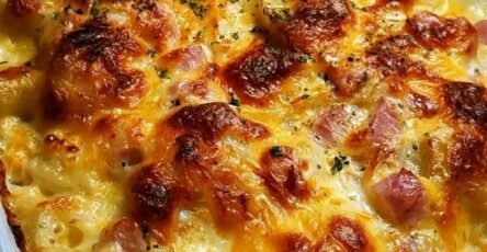Cheesy ham and potato casserole topped with melted golden cheddar and mozzarella cheese