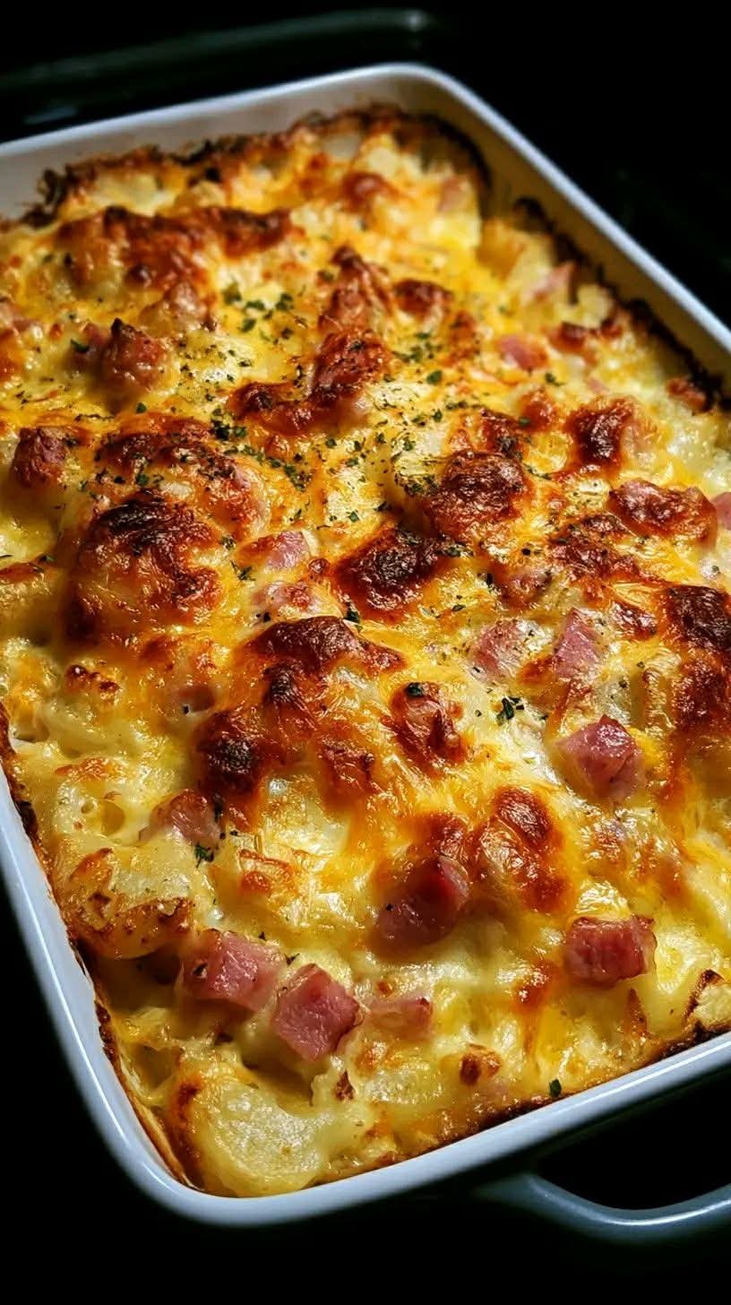 Cheesy ham and potato casserole topped with melted golden cheddar and mozzarella cheese