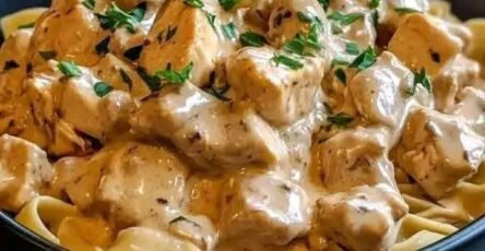 Creamy chicken stroganoff with mushrooms and egg noodles in a rich sour cream sauce