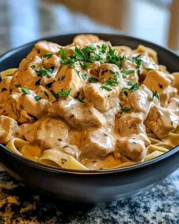 Creamy chicken stroganoff with mushrooms and egg noodles in a rich sour cream sauce