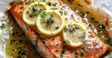 Salmon en Papillote with lemon slices, fresh herbs, and zucchini baked in parchment paper