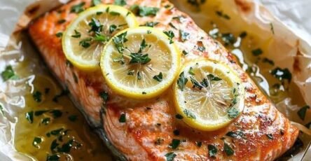 Salmon en Papillote with lemon slices, fresh herbs, and zucchini baked in parchment paper