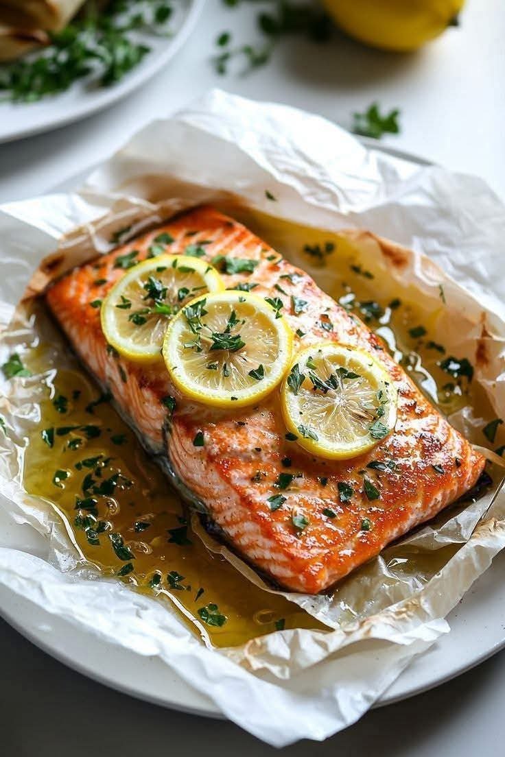 Salmon en Papillote with lemon slices, fresh herbs, and zucchini baked in parchment paper