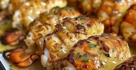 Baked lobster tails with creamy garlic butter, lemon, and fresh parsley