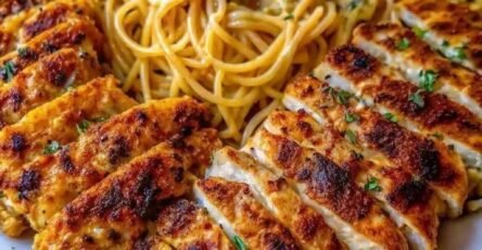 Garlic Parmesan chicken with creamy mozzarella spaghetti on a plate