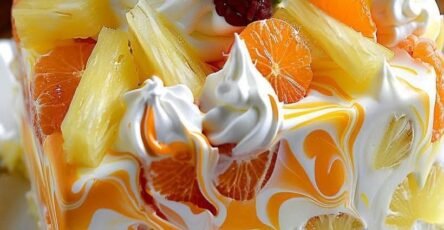 No-bake orange pineapple swirl cheesecake topped with fresh fruit and whipped cream