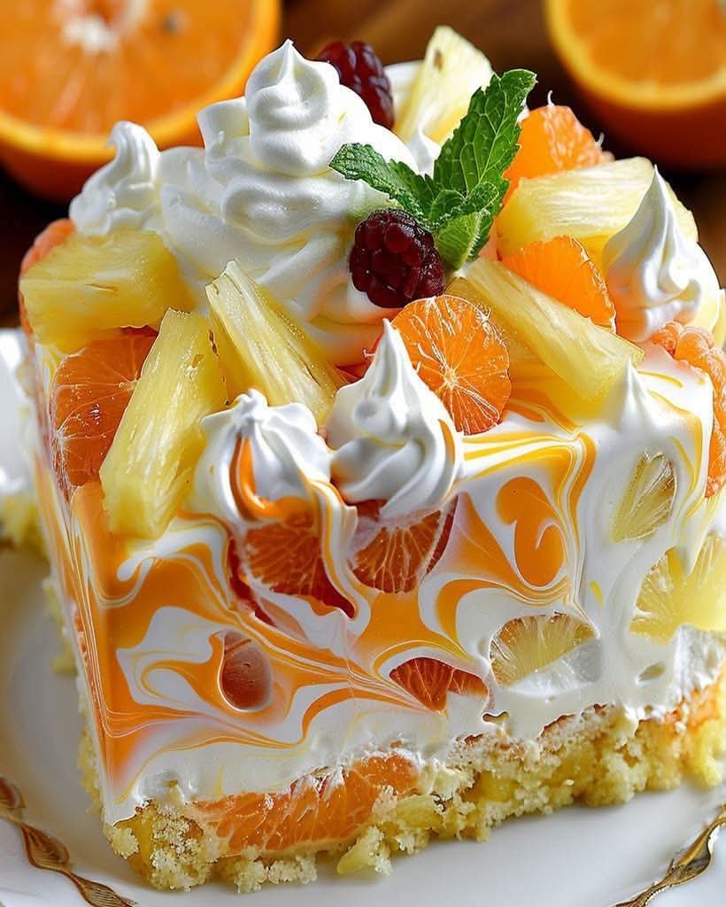No-bake orange pineapple swirl cheesecake topped with fresh fruit and whipped cream