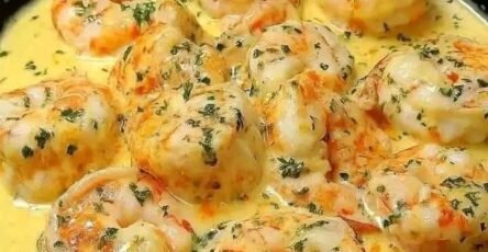 Creamy garlic butter shrimp in Parmesan sauce skillet
