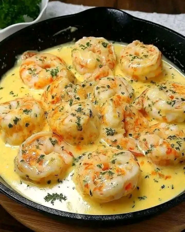 Creamy garlic butter shrimp in Parmesan sauce skillet