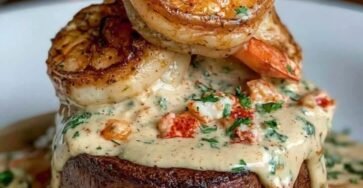 Filet Mignon with Shrimp and Lobster Seafood Cream 🍤🦞 🛒Ingredients : • 4 filet mignon steaks, 6 oz each • Salt and black pepper, to taste • 1 tbsp olive oil • 2 tbsp butter • 8–12 shrimp, peeled and deveined • Salt and pepper, to taste • 1 tbsp butter • ½ cup cooked lobster meat, chopped • 1 tbsp butter • 1 garlic clove, minced • ½ cup heavy cream • ¼ cup chicken or seafood broth • 1 tbsp Parmesan • Pinch of paprika • Salt and pepper, to taste • Squeeze of lemon, optional • Fresh parsley, optional 👩‍🍳How to Make It: 1. Sear the Filets Pat the steaks dry and season generously with salt and black pepper. Heat the olive oil with 2 tbsp butter in a heavy skillet over medium-high heat, sear for 3 to 4 minutes per side for medium-rare or to preferred doneness, then rest the steaks. 2. Cook the Shrimp Add 1 tbsp butter to the same skillet and season the shrimp lightly with salt and pepper. Sauté for 2 to 3 minutes per side until pink and cooked through, then transfer them from the pan. 3. Start the Cream Sauce Melt the remaining 1 tbsp butter in a small saucepan and cook the garlic for about 30 seconds. Add the chopped lobster, heavy cream, and broth, then simmer gently for 3 to 5 minutes. 4. Season the Lobster Cream Stir in the Parmesan and paprika, then adjust with salt and pepper. Finish with the optional lemon and parsley if using. 5. Assemble the Plates Set a rested filet on each plate, arrange the shrimp over the steak, and spoon the warm lobster cream sauce across the top. Serve immediately. ⏱️ Prep Time: 15 min . Cook Time: 20 min . Total Time: 35 min . Servings: 4 Approx. 520 Calories | 52g Protein per serving