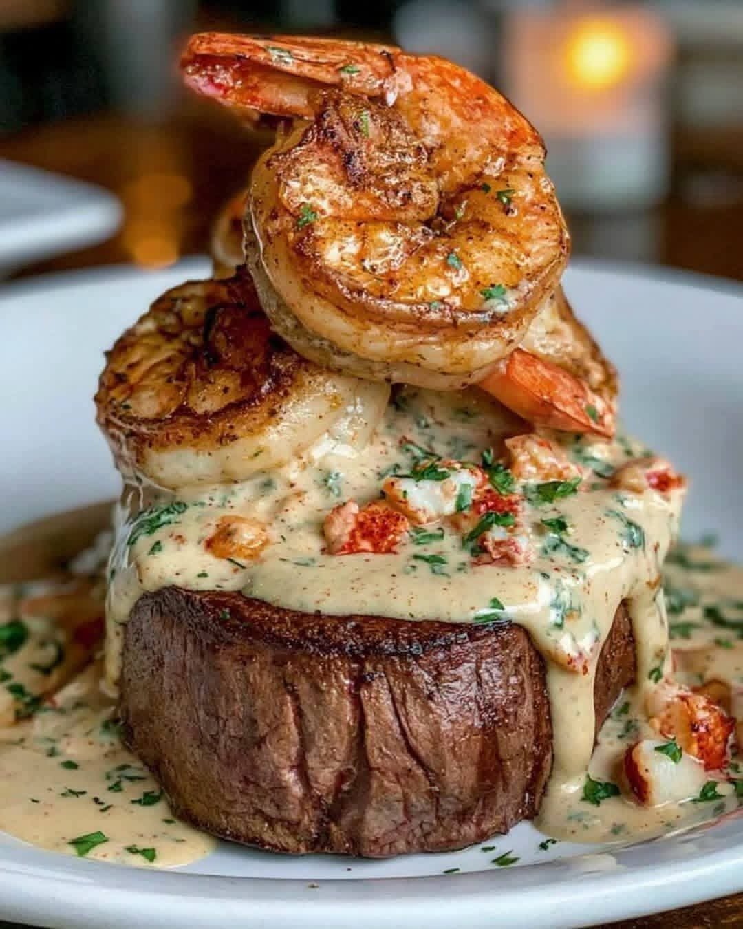 Filet Mignon with Shrimp and Lobster Seafood Cream 🍤🦞 🛒Ingredients : • 4 filet mignon steaks, 6 oz each • Salt and black pepper, to taste • 1 tbsp olive oil • 2 tbsp butter • 8–12 shrimp, peeled and deveined • Salt and pepper, to taste • 1 tbsp butter • ½ cup cooked lobster meat, chopped • 1 tbsp butter • 1 garlic clove, minced • ½ cup heavy cream • ¼ cup chicken or seafood broth • 1 tbsp Parmesan • Pinch of paprika • Salt and pepper, to taste • Squeeze of lemon, optional • Fresh parsley, optional 👩‍🍳How to Make It: 1. Sear the Filets Pat the steaks dry and season generously with salt and black pepper. Heat the olive oil with 2 tbsp butter in a heavy skillet over medium-high heat, sear for 3 to 4 minutes per side for medium-rare or to preferred doneness, then rest the steaks. 2. Cook the Shrimp Add 1 tbsp butter to the same skillet and season the shrimp lightly with salt and pepper. Sauté for 2 to 3 minutes per side until pink and cooked through, then transfer them from the pan. 3. Start the Cream Sauce Melt the remaining 1 tbsp butter in a small saucepan and cook the garlic for about 30 seconds. Add the chopped lobster, heavy cream, and broth, then simmer gently for 3 to 5 minutes. 4. Season the Lobster Cream Stir in the Parmesan and paprika, then adjust with salt and pepper. Finish with the optional lemon and parsley if using. 5. Assemble the Plates Set a rested filet on each plate, arrange the shrimp over the steak, and spoon the warm lobster cream sauce across the top. Serve immediately. ⏱️ Prep Time: 15 min . Cook Time: 20 min . Total Time: 35 min . Servings: 4 Approx. 520 Calories | 52g Protein per serving