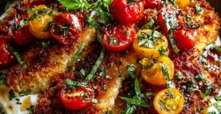 Golden crispy chicken cutlets with whipped feta, blistered cherry tomatoes, fresh basil, and lemon basil drizzle