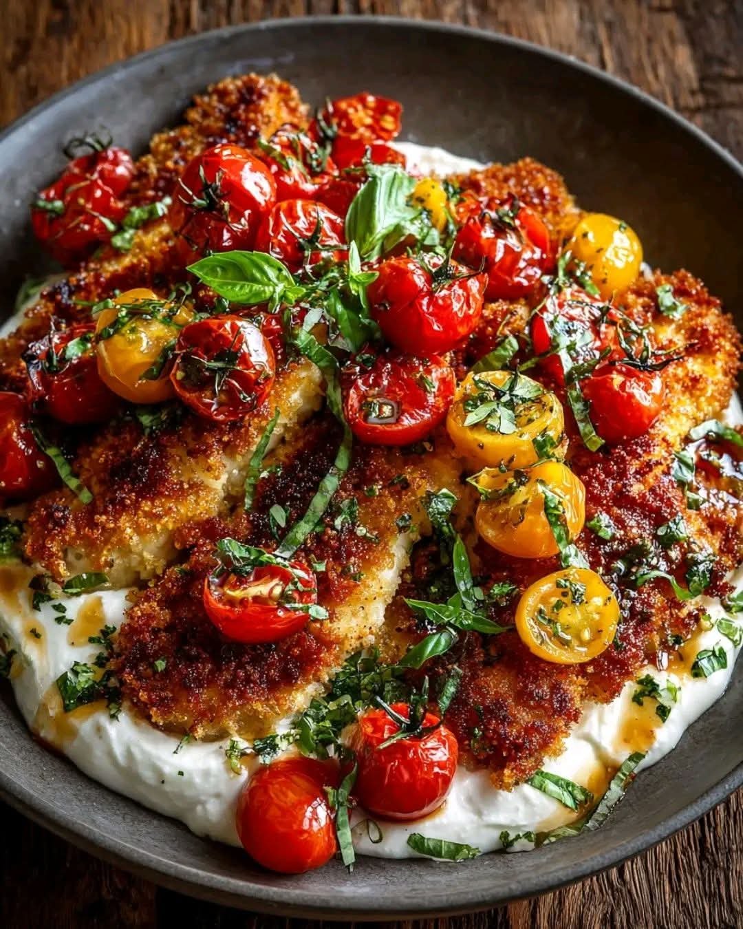 Golden crispy chicken cutlets with whipped feta, blistered cherry tomatoes, fresh basil, and lemon basil drizzle