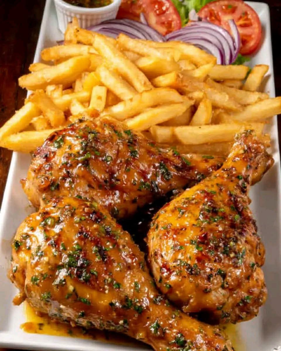 Glazed chicken leg quarters with crispy golden fries, fresh tomatoes, red onion, and creamy dipping sauce