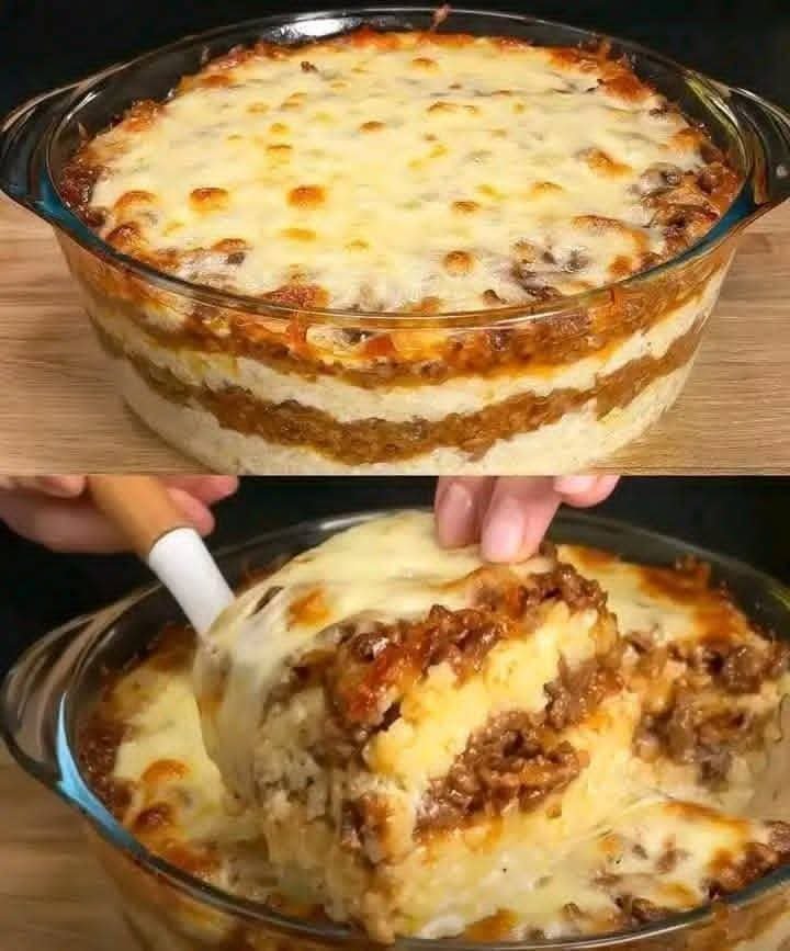 Cheesy baked stellini pasta with seasoned ground beef, creamy béchamel sauce, and melted mozzarella cheese