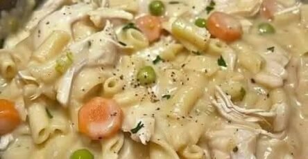 5-star creamy chicken noodle soup with tender chicken, carrots, peas, and pasta