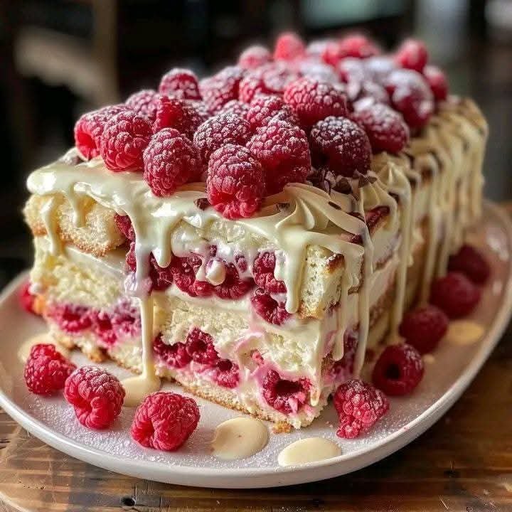 White chocolate raspberry cake with fresh raspberries and creamy white chocolate drizzle
