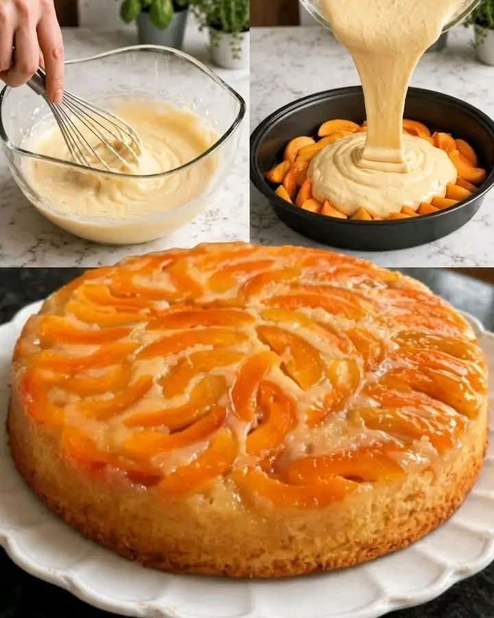 Moist caramelized apricot cake topped with golden baked apricots