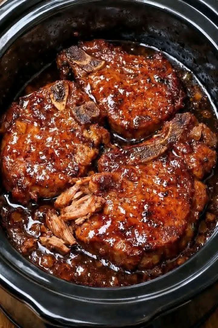 Tender slow cooker pork chops with a rich glossy glaze