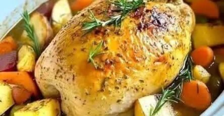 Tender slow cooker cranberry chicken with cranberry glaze and vegetables