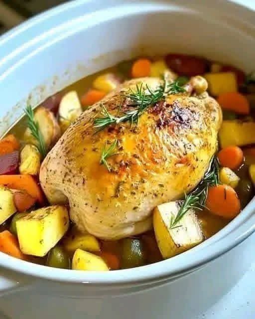 Tender slow cooker cranberry chicken with cranberry glaze and vegetables