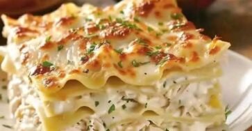 : Creamy chicken tenderloin Alfredo lasagna layered with chicken, Alfredo sauce, ricotta, mozzarella, and Parmesan cheese