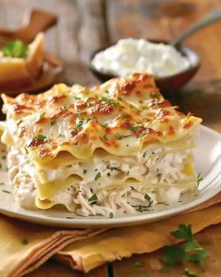 : Creamy chicken tenderloin Alfredo lasagna layered with chicken, Alfredo sauce, ricotta, mozzarella, and Parmesan cheese