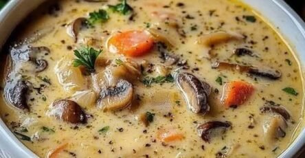 Creamy mushroom and carrot soup with sliced mushrooms, carrots, herbs, and a rich creamy broth