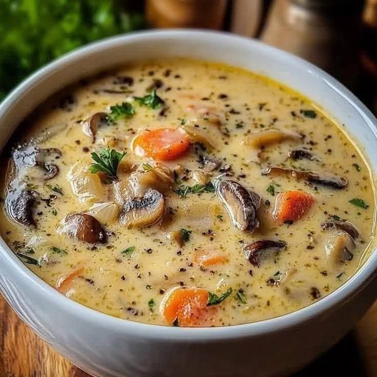 Creamy mushroom and carrot soup with sliced mushrooms, carrots, herbs, and a rich creamy broth