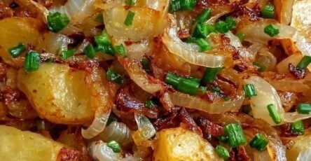 Crispy roasted potatoes with caramelized onions and green onions