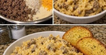 Creamy cheesy beef bowtie pasta with ground beef and melted cheese