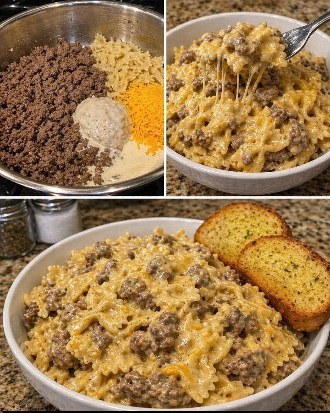 Creamy cheesy beef bowtie pasta with ground beef and melted cheese