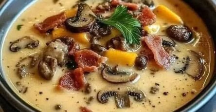 Creamy curried cauliflower and kale soup with coconut milk, mushrooms, carrots, and crispy bacon