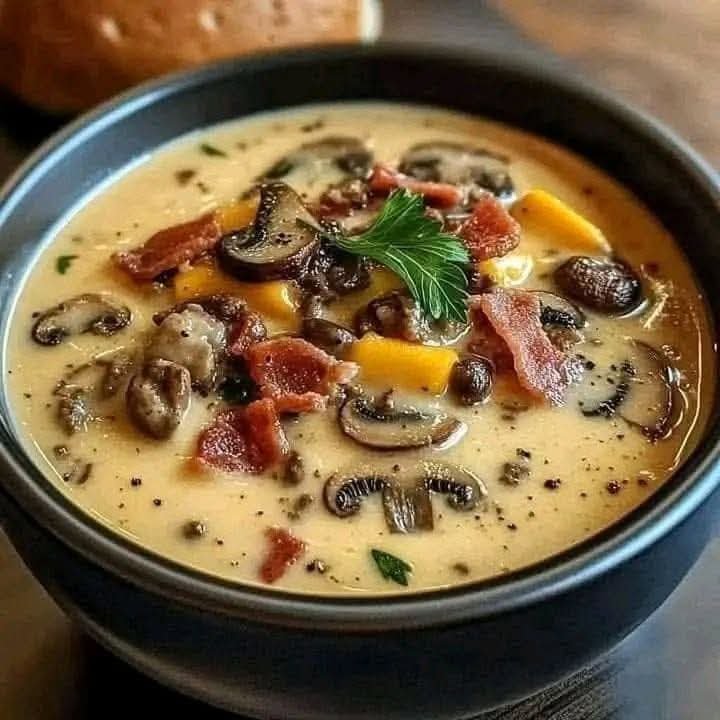 Creamy curried cauliflower and kale soup with coconut milk, mushrooms, carrots, and crispy bacon
