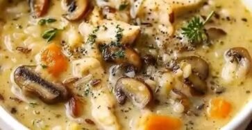 Creamy chicken mushroom wild rice soup with tender chicken, mushrooms, carrots, and herbs
