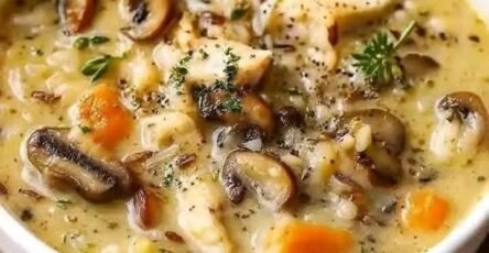 Creamy chicken mushroom wild rice soup with tender chicken, mushrooms, carrots, and herbs