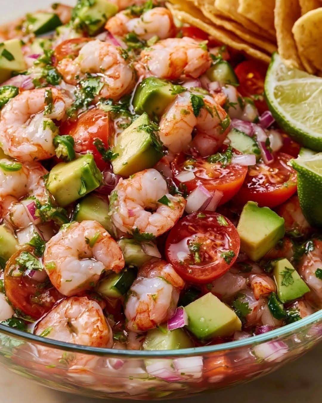 Fresh avocado shrimp ceviche bowl with tomatoes, cucumber, red onion, cilantro, and lime