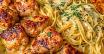 Garlic chicken spaghetti topped with tender seasoned chicken in a creamy three-cheese Alfredo sauce