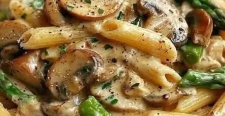 Creamy mushroom and asparagus chicken penne pasta in Parmesan sauce