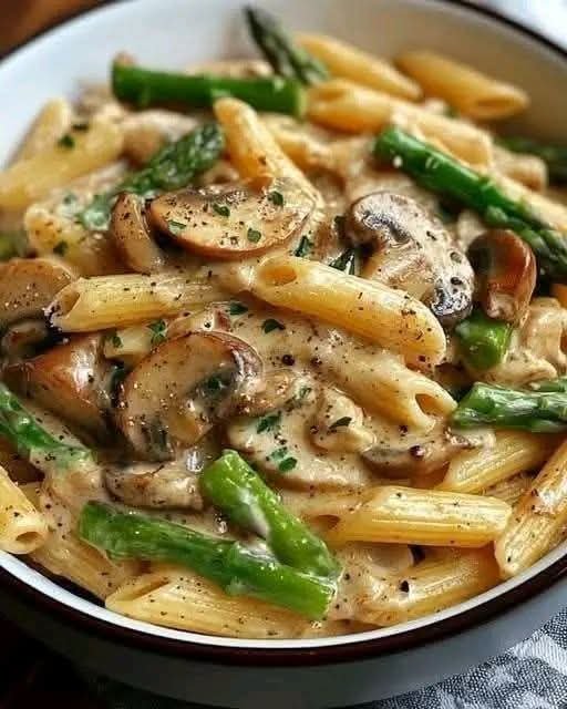Creamy mushroom and asparagus chicken penne pasta in Parmesan sauce