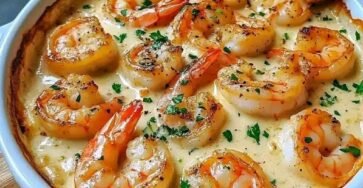 Creamy garlic baked shrimp in a rich Parmesan sauce with fresh parsley