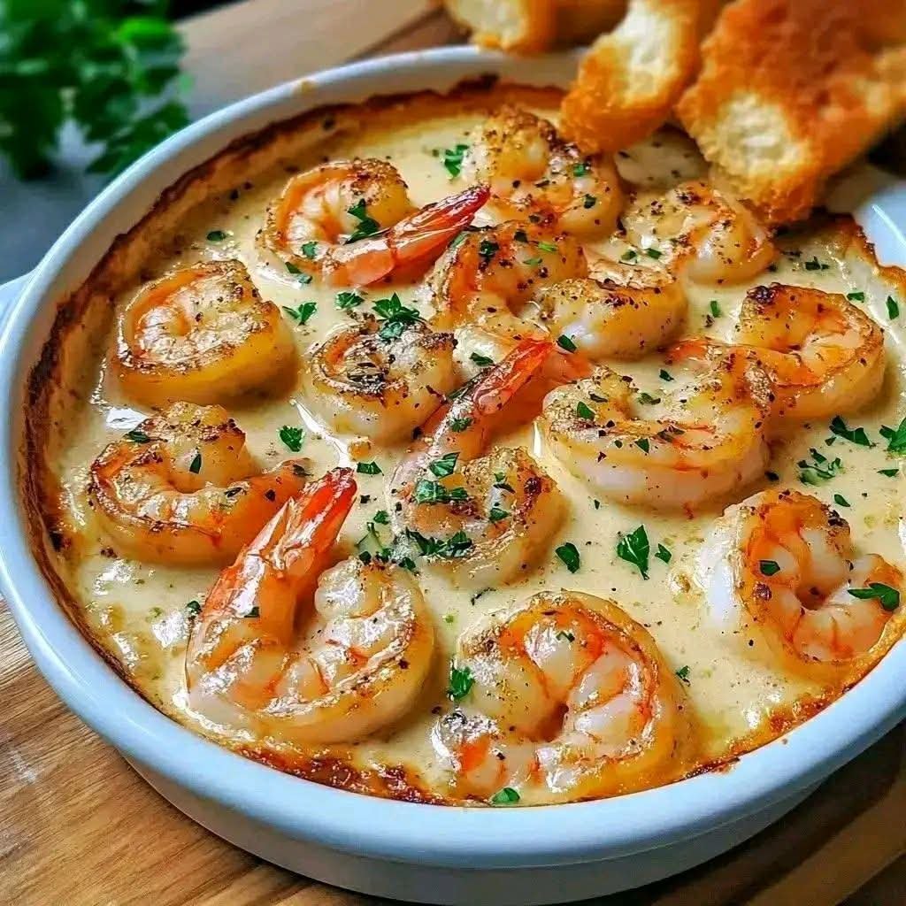Creamy garlic baked shrimp in a rich Parmesan sauce with fresh parsley