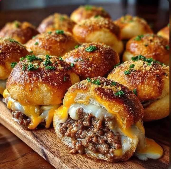 Garlic Parmesan cheeseburger bombs filled with seasoned ground beef and melted cheese