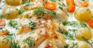 Creamy fish casserole with potatoes, carrots, and fresh dill