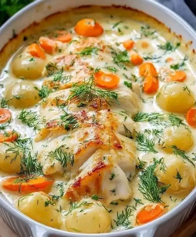 Creamy fish casserole with potatoes, carrots, and fresh dill