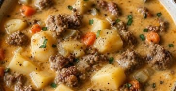 Creamy crockpot potato and hamburger soup with tender vegetables