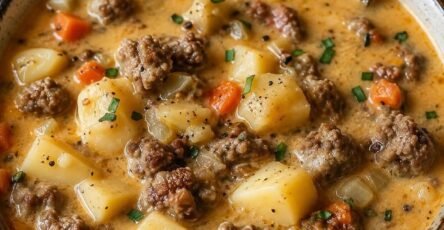 Creamy crockpot potato and hamburger soup with tender vegetables