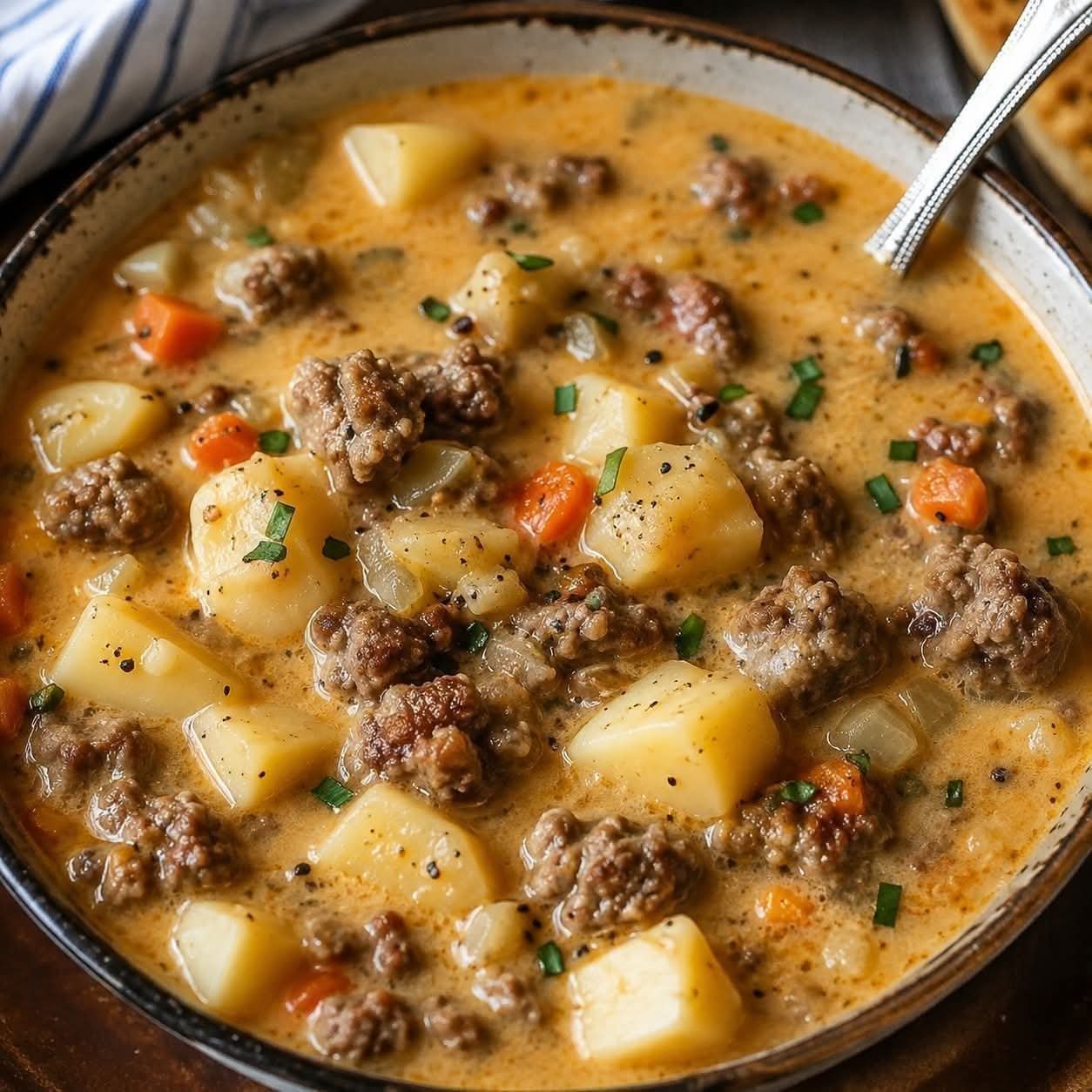 Creamy crockpot potato and hamburger soup with tender vegetables